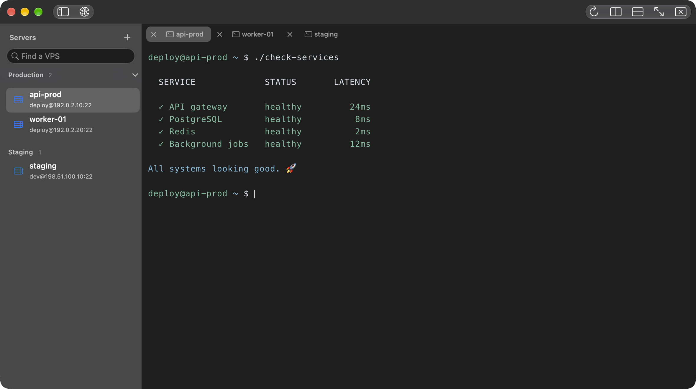 shessh on macOS with fictional servers. The animated tour types a service check, switches to the worker tab, and opens live logs in a split pane.